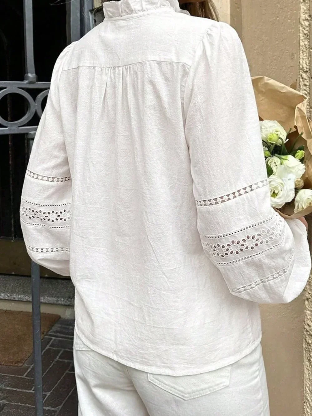 White Casual Women's Stand Collar Hollow Embroidery Long Sleeve Blouse